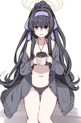 1girl akane_souichi bags_under_eyes bikini black_bikini black_hair blue_archive blue_eyes blue_hairband breasts cardigan collarbone cowboy_shot cup grey_cardigan hairband halo highres holding holding_cup ice ice_cube jewelry long_hair long_sleeves looking_at_viewer navel necklace o-ring o-ring_bikini official_alternate_costume open_cardigan open_clothes open_mouth ponytail simple_background single_off_shoulder solo stomach sweat swimsuit thighs ui_(blue_archive) ui_(swimsuit)_(blue_archive) very_long_hair white_background