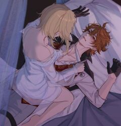 1boy aitsuwu alternate_costume assertive_female bite_mark black_gloves blade_to_throat blonde_hair blood blush breasts dagger dress earrings genshin_impact gloves hair_between_eyes holding holding_dagger holding_knife holding_weapon injury jewelry knife lumine_(genshin_impact) lying medium_breasts on_back on_bed orange_hair pants single_earring straddling tartaglia_(genshin_impact) twitter_username weapon white_dress