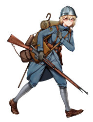 Rule 34 | 1girl, adrian helmet, backpack, bag, belt pouch, blonde hair, blue jacket, blue pants, brown footwear, france, french army, glasses, highres, holding, holding weapon, insignia, jacket, kitsune udon (ai br), leg wrap, looking at viewer, military uniform, original, pants, pouch, short hair, simple background, uniform, weapon, world war i