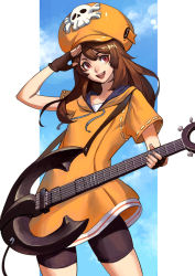 Rule 34 | adapted costume, alternate costume, anchor, arc system works, brown eyes, brown hair, dress, guilty gear, guilty gear strive, guitar, hat, instrument, may (guilty gear), open mouth, orange dress, orange headwear, phamoz, shorts, skull and crossbones, smile