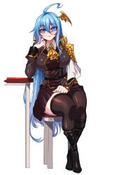 Rule 34 | 1girl, :&lt;, ahoge, boots, chair, closed mouth, commission, commissioner upload, douluo dalu, full body, glint, gradient hair, half capelet, hand on lap, highres, long hair, long sleeves, multicolored hair, pixiv commission, rantia, sitting, solo, table, thighhighs, uniform, wang qiu er (douluo dalu), wing hair ornament, wrist cuffs