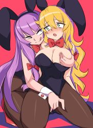 Rule 34 | 2girls, :o, :q, alternate costume, animal ears, bad id, bad pixiv id, black hairband, black legwear, black leotard, blonde hair, blunt bangs, blush, bow, bowtie, braid, grabbing another&#039;s breast, breasts, bright pupils, commentary request, cookie (touhou), crescent, crescent hair ornament, detached collar, fake animal ears, full body, grabbing, green eyes, hair between eyes, hair bow, hair ornament, hairband, highres, kirisame marisa, large breasts, leotard, long hair, looking at another, looking to the side, mars (cookie), momendoufu, multiple girls, nose blush, open mouth, pantyhose, patchouli knowledge, playboy bunny, purple eyes, purple hair, rabbit ears, red background, red bow, shadow, side braid, single braid, strapless, strapless leotard, taisa (cookie), tongue, tongue out, touhou, very long hair, white pupils, wing collar, wrist cuffs, yuri