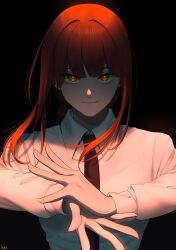 Rule 34 | 1girl, absurdres, annidrw, black background, black necktie, chainsaw man, closed mouth, highres, long hair, long sleeves, looking at viewer, makima (chainsaw man), necktie, red hair, ringed eyes, shirt, smile, white shirt, yellow eyes