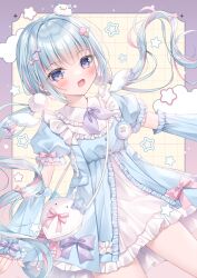 Rule 34 | 1girl, :d, bag, blue dress, blue eyes, blue hair, blush, bow, collared dress, commentary request, copyright request, detached sleeves, detached wings, dress, frilled dress, frilled shirt collar, frills, highres, kohinata hoshimi, long hair, long sleeves, looking at viewer, low twintails, mini wings, multicolored hair, open mouth, pink bow, pink hair, puffy long sleeves, puffy short sleeves, puffy sleeves, purple bow, short sleeves, shoulder bag, sleeves past wrists, smile, solo, star (symbol), streaked hair, twintails, very long hair, virtual youtuber, white dress, white wings, wings