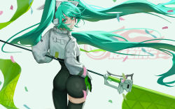 Rule 34 | 1girl, aqua hair, aquarzaaa, ass, black bodysuit, black gloves, black thighhighs, bodysuit, cowboy shot, flag, floating hair, from behind, gloves, green eyes, green gloves, hatsune miku, highres, holding, holding flag, long hair, looking at viewer, looking back, racing miku, racing miku (2022), single thighhigh, solo, standing, thighhighs, twintails, two-tone gloves, very long hair, vocaloid