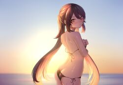 Rule 34 | 1girl, ass, bikini, black bikini, black nails, blush, breasts, brown hair, butt crack, closed mouth, covering privates, covering breasts, genshin impact, gradient sky, highres, hu tao (genshin impact), long hair, low twintails, neit ni sei, ocean, red eyes, sky, small breasts, solo, sunset, swimsuit, twintails, very long hair, wet