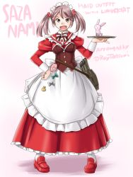 Rule 34 | 1girl, adapted costume, alternate costume, apron, badge, rabbit, corset, dress, english text, enmaided, frilled apron, frills, full body, hair bobbles, hair ornament, hand on own hip, kantai collection, loafers, long dress, long hair, long sleeves, looking at viewer, maid, open mouth, pink eyes, pink hair, red dress, red footwear, sazanami (kancolle), school uniform, serafuku, shoes, smile, solo, standing, tatsumi ray, torpedo tubes, tray, twintails, twitter username, white apron