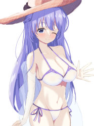 Rule 34 | 1girl, azur lane, bikini, blush, breasts, cleavage, collarbone, commentary request, hat, highres, kisuish, large breasts, light purple hair, long hair, looking at viewer, official alternate costume, purple eyes, rodney (azur lane), rodney (future seaside admiral) (azur lane), see-through, smile, solo, swimsuit, white bikini