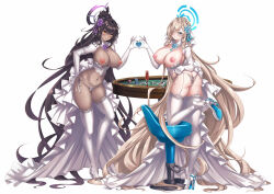 2girls aata1007 absurdly_long_hair ass asuna_(blue_archive) black_hair black_halo blue_archive blue_eyes blue_flower blue_halo breasts brown_hair butt_crack card champagne_flute cleavage commentary cup dark-skinned_female dark_skin drinking_glass elbow_gloves eyes_visible_through_hair flower foot_up full_body garter_belt gloves hair_flower hair_ornament hair_over_one_eye halo hand_on_own_hip hand_up heart heart_hands heart_hands_duo high_heels high_ponytail highres huge_breasts karin_(blue_archive) large_breasts long_hair multiple_girls navel nipples panties parted_lips playing_card poker_chip poker_table purple_flower purple_halo standing standing_on_one_leg stomach table teeth thighhighs underwear very_long_hair white_background white_footwear white_garter_belt white_gloves white_panties white_thighhighs yellow_eyes