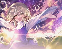 Rule 34 | 1girl, blonde hair, blush, cloud, commentary request, flower, hair ribbon, hat, highres, katayama kei, lens flare, lily pad, long sleeves, moriya suwako, open mouth, outdoors, outstretched arms, purple skirt, purple vest, red ribbon, ribbon, shirt, skirt, sky, smile, solo, sun, touhou, tress ribbon, turtleneck, vest, water drop, white shirt, yellow eyes