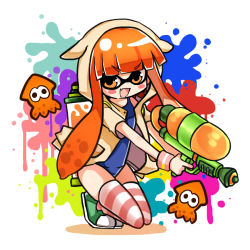 Rule 34 | 1girl, blush, blush stickers, container, fang, holding, hood, hoodie, ink tank (splatoon), inkling, inkling girl, inkling player character, jacket, kneeling, long hair, looking at viewer, matching hair/eyes, nintendo, open clothes, open jacket, open mouth, orange eyes, orange hair, paint splatter, school swimsuit, shiodome oji, shoes, smile, sneakers, solo, splatoon (series), splatoon 1, splattershot (splatoon), squid, striped clothes, striped thighhighs, super soaker, swimsuit, tentacle hair, thighhighs, wristband