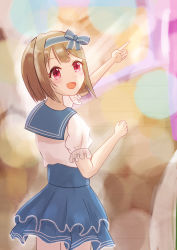 Rule 34 | 1girl, artist name, artist request, back bow, blue bow, blue bowtie, blue corset, blue hairband, blue sailor collar, blue skirt, blush, bow, bowtie, breasts, brown hair, buttons, collarbone, corset, dress, dress shirt, female focus, flower symphony (love live!), frilled sleeves, frills, from behind, grey hair, hairband, highres, light brown hair, looking at viewer, looking back, love live!, love live! nijigasaki high school idol club, love live! school idol festival, love live! school idol festival all stars, miniskirt, nakasu kasumi, parted lips, pink eyes, plaid, plaid skirt, pleated, pleated skirt, pointing, pointing up, puffy short sleeves, puffy sleeves, purple eyes, sailor collar, sailor dress, shirt, short hair, short sleeves, skirt, smile, solo, white shirt