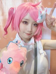 Rule 34 | cosplay, digimon, hair ornament, hairpin, highres, photo (medium), pink eyes, pink hair, piyomon, real life, rindou akiho, rindou akiho (cosplay), stuffed toy, twintails