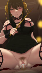 1boy 1girl areola_slip bare_shoulders black_dress black_hair black_thighhighs blush breasts closed_mouth cowgirl_position cum cum_in_pussy cum_overflow dress female_pubic_hair gold_hairband hairband hetero highres holding holding_weapon large_breasts long_hair looking_at_viewer male_pubic_hair nt00 penis pov pov_crotch pubic_hair pussy red_eyes sex smile solo_focus spy_x_family straddling thighhighs vaginal variant_set weapon wristband yor_briar