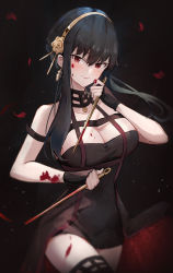 Rule 34 | 1girl, bare arms, bare shoulders, black background, black gloves, black hair, black thighhighs, blood, blood on face, bloody weapon, breasts, cleavage, commentary, cowboy shot, dress, ema (kuguiema), fingerless gloves, gloves, hair between eyes, hairband, highres, holding, holding weapon, large breasts, long hair, looking at viewer, red eyes, reverse grip, sidelocks, simple background, smile, solo, spy x family, standing, thighhighs, two-sided dress, two-sided fabric, weapon, yor briar