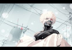 Rule 34 | 1boy, black nails, black sclera, bodysuit, colored sclera, colored skin, fingernails, grey eyes, heterochromia, kaneki ken, letterboxed, looking at viewer, male focus, mask, mismatched sclera, mouth mask, nail polish, power lines, red eyes, ryota-h, solo, tokyo ghoul, utility pole, white hair, white skin