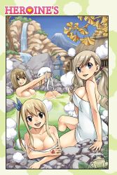 Rule 34 | 3girls, :d, blonde hair, blue bow, blue eyes, bow, breasts, brown eyes, cleaned, cleavage, collarbone, day, eden&#039;s zero, elie, fairy tail, frog, hair between eyes, hair bow, highres, large breasts, long hair, looking at viewer, lucy heartfilia, mashima hiro, multiple girls, naked towel, official art, onsen, open mouth, outdoors, partially submerged, plue, rave, rebecca bluegarden, short hair, shoulder blades, side ponytail, sideboob, silver hair, sitting, smile, steam, towel, twintails, white towel