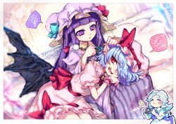 Rule 34 | 3girls, apron, back bow, bat wings, blue bow, blue hair, blue skirt, blue vest, blunt bangs, blush stickers, bow, braid, camera, chibi, chibi inset, closed eyes, commentary request, dress, ear cleaning, fang, frills, gloves, green bow, grey hair, hair bow, hair over one eye, hat, hat bow, holding, holding camera, ifelt (tamaki zutama), izayoi sakuya, lap pillow, light bulb, long hair, looking at another, lying, maid headdress, mimikaki, mob cap, multiple girls, on side, open mouth, patchouli knowledge, pillow, pink headwear, pink shirt, pink skirt, pointy ears, puffy short sleeves, puffy sleeves, purple dress, purple eyes, purple hair, purple headwear, red bow, red eyes, remilia scarlet, shirt, short hair, short sleeves, sigh, signature, sitting, skirt, smile, spoken light bulb, striped clothes, striped dress, touhou, twin braids, vest, white gloves, white shirt, wings, wrist cuffs
