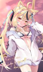 Rule 34 | 1girl, absurdres, animal ears, blonde hair, blush, cat ears, cat tail, clothes lift, commission, commissioner upload, hair ornament, highres, jewelry, looking at viewer, multicolored hair, navel, necklace, nyahu (nyahu 77), original, rabbit ears, red eyes, red ribbon, ribbon, skeb commission, smile, solo, sweater, sweater lift, swimsuit, tail, tattoo, thighhighs, thighs