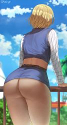 Rule 34 | 1girl, android 18, ass, back, blonde hair, clothes lift, cloud, cloudy sky, cowboy shot, dragon ball, dragonball z, from behind, highres, legs together, midriff, miniskirt, no panties, shexyo, short hair, skirt, skirt lift, sky, standing, tagme