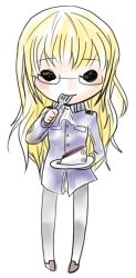 Rule 34 | 1girl, blonde hair, cake, chibi, drawfag, eating, food, glasses, long hair, pantyhose, perrine h. clostermann, solo, strike witches, world witches series