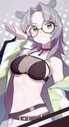 Rule 34 | 1girl, absurdres, animal ear fluff, bare shoulders, beudelb, bikini, bikini top only, black-framed eyewear, black bikini, breasts, cleavage, closed mouth, collar, collarbone, commission, cowboy shot, forehead, glasses, green eyes, green jacket, grey background, grey hair, hand up, highres, jacket, long hair, long sleeves, looking at viewer, medium breasts, navel, open clothes, open jacket, original, pixiv commission, round eyewear, solo, stomach, swimsuit, two-tone background, v-shaped eyebrows