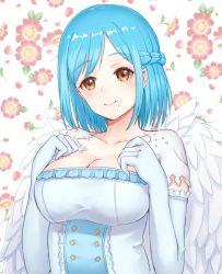 Rule 34 | 1girl, blue hair, braid, breasts, brown eyes, cleavage, closed mouth, collarbone, commentary request, dress, elbow gloves, feathered wings, gloves, head tilt, highres, large breasts, moira (nijisanji), mole, mole under mouth, nijisanji, short sleeves, smile, solo, suzuki puramo, virtual youtuber, white background, white dress, white gloves, white wings, wings