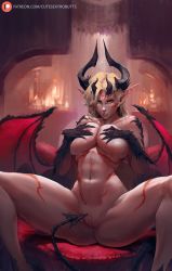Rule 34 | 1girl, artist name, bare shoulders, blonde hair, breasts, clitoris, commission, curvy, cutesexyrobutts, demon girl, demon tail, demon wings, earrings, green eyes, highres, hip focus, horns, huge breasts, jewelry, lips, long hair, looking at viewer, navel, nipples, original, pointy ears, pussy, signature, solo, tail, thick thighs, thighs, uncensored, wings