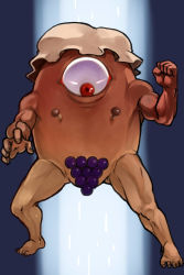 Rule 34 | 1other, aki minoriko, brown headwear, clenched hand, colored skin, commentary request, cyclops, food, fruit, full body, grapes, highres, looking at viewer, monster, muscular, mushroom, no humans, no mouth, one-eyed, open mouth, orange skin, phenne, red eyes, solo, touhou, what
