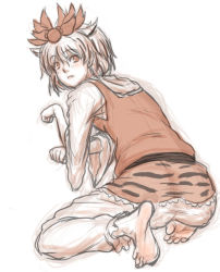 Rule 34 | 1girl, animal print, ass, barefoot, fang, from behind, hair ornament, highres, kuro suto sukii, limited palette, looking at viewer, looking back, paw pose, shirt, skirt, soles, solo, tiger print, toramaru shou, touhou, vest