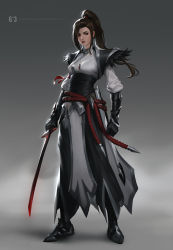 Rule 34 | 1girl, akane sgail, black gloves, brown eyes, brown hair, feather trim, full body, gloves, grey background, height mark, highres, holding, holding sword, holding weapon, jewelry, katana, lips, long hair, looking to the side, original, pendant, ponytail, raikoart, solo, standing, sword, weapon