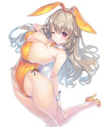 Rule 34 | 1girl, :3, absurdres, animal ears, bare shoulders, bow, bowtie, breasts, bunny (vocaloid), bunny day, cleavage, closed mouth, covered erect nipples, covered navel, detached collar, fake animal ears, fake tail, floating hair, from above, hair between eyes, hand on own thigh, high heels, highleg, highleg leotard, highres, kiyama satoshi, komorebi wanko, large breasts, leaning back, leotard, light brown hair, long hair, looking at viewer, one eye closed, orange bow, orange bowtie, orange footwear, orange leotard, playboy bunny, rabbit ears, rabbit tail, red eyes, simple background, smile, solo, strapless, strapless leotard, tail, traditional bowtie, virtual youtuber, white background, wide hips, wrist cuffs