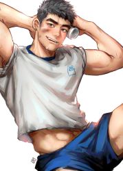 Rule 34 | 1boy, arms behind head, bara, blue shorts, greenteaa, highres, looking at viewer, male focus, mature male, muscular, muscular male, original, shirt, short hair, shorts, smile, solo, spiked hair, t-shirt, thick eyebrows, white shirt