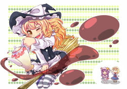 Rule 34 | 3girls, alice margatroid, blush, bow, braid, broom, broom riding, deformed, hairband, hat, hat bow, kirisame marisa, mayuge inu, multiple girls, one eye closed, patchouli knowledge, purple eyes, purple hair, side braid, striped clothes, striped legwear, striped thighhighs, teapot, thighhighs, touhou, wink, witch hat, yellow eyes
