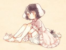 Rule 34 | 1girl, animal, animal ears, bad id, bad twitter id, barefoot, black hair, bloomers, blush, dress, full body, inaba tewi, jpeg artifacts, looking down, pink dress, puffy sleeves, rabbit, rabbit ears, rabbit girl, rabbit tail, red eyes, short hair, short sleeves, simple background, sitting, solo, tail, touhou, underwear, yujup