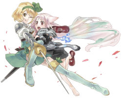 Rule 34 | 2girls, armor, bad id, bad pixiv id, blonde hair, boots, goat, green footwear, hair ribbon, multiple girls, nishihara isao, pink hair, rapier, red eyes, ribbon, shoe dangle, shoes, single shoe, sword, thigh boots, thighhighs, weapon, yellow eyes