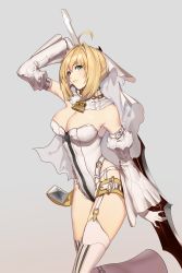 Rule 34 | 1girl, absurdres, ahoge, armpits, bad id, bad pixiv id, bare shoulders, blonde hair, braid, braided bun, breasts, bridal veil, chain, chain necklace, detached collar, dress, elbow gloves, fate/grand order, fate (series), from side, garter belt, garter straps, gloves, green eyes, grey background, hair bun, hair intakes, highres, holding, holding sword, holding weapon, jewelry, large breasts, leotard, looking at viewer, necklace, nero claudius (bride) (fate), nero claudius (bride) (second ascension) (fate), nero claudius (fate), nero claudius (fate) (all), short hair, simple background, single hair bun, solo, sword, thigh strap, thighhighs, thighs, tingas, unfastened, veil, weapon, white dress, white gloves, white thighhighs