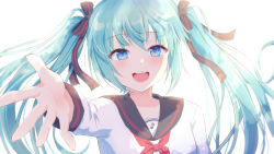 Rule 34 | 1girl, :d, backlighting, black bow, black sailor collar, blouse, blue eyes, blue hair, bow, collarbone, commentary request, eighth note, hair between eyes, hair bow, hatsune miku, highres, long hair, long sleeves, looking at viewer, musical note, musical note print, nagare yoshimi, neckerchief, open mouth, red neckerchief, sailor collar, school uniform, serafuku, shirt, simple background, smile, solo, striped, striped bow, teeth, twintails, upper body, upper teeth only, vocaloid, white background, white shirt