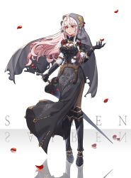 Rule 34 | 1girl, armor, bad id, bad pixiv id, black dress, black gloves, black pantyhose, breasts, cape, cleavage, dress, gloves, grey cape, highres, holding, holding lance, holding polearm, holding weapon, lance, long hair, medium breasts, original, pantyhose, petals, pink hair, polearm, red eyes, reflection, risem, sidelocks, standing, weapon, white background
