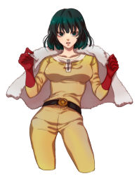 Rule 34 | 1girl, bad id, bad pixiv id, belt, coat, contrapposto, cosplay, fubuki (one-punch man), fur coat, gloves, green eyes, green hair, jacket, jacket on shoulders, jumpsuit, longestham, looking at viewer, matching hair/eyes, one-punch man, red gloves, saitama (one-punch man), saitama (onepunch man) (cosplay), short hair, solo, standing, white background