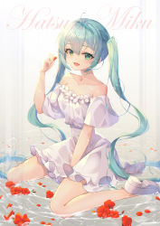 Rule 34 | 1girl, :d, absurdres, ahoge, aqua hair, bare arms, bare shoulders, between legs, breasts, character name, collarbone, commentary, dress, fang, flower, green eyes, hand between legs, hand up, hatsune miku, highres, holding, holding petal, jii dayday, long hair, looking at viewer, open mouth, petals, petals on liquid, red flower, short sleeves, sitting, skin fang, small breasts, smile, solo, twintails, very long hair, vocaloid, wariza, water, white dress
