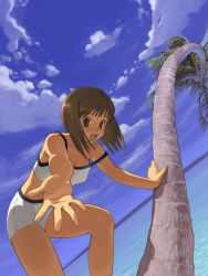 Rule 34 | 1girl, arm support, beach, brown eyes, brown hair, cloud, coconut tree, crop top, day, dutch angle, feet out of frame, foreshortening, kizaki, looking at viewer, midriff, ocean, open mouth, outdoors, palm tree, short hair, shorts, sky, smile, solo, strap slip, tank top, tree, tropical, white shorts