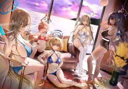 Rule 34 | 5girls, absurdly long hair, ahoge, akane (blue archive), alternate costume, aqua bikini, arm support, ass, asuna (blue archive), asymmetrical bangs, backlighting, barefoot, bikini, black hair, blonde hair, blue archive, blue bikini, blue eyes, blurry, blurry foreground, bottle, braid, braided bun, breasts, butt crack, casual one-piece swimsuit, chair, cleaning &amp; clearing (blue archive), cleavage, closed mouth, commentary request, couch, covered navel, criss-cross halter, crossed legs, dark-skinned female, dark skin, dot mouth, double v, evening, feet, food, french braid, glasses, grin, hair bun, halo, halterneck, heel up, high ponytail, highres, huge ahoge, indoors, karin (blue archive), large breasts, legs, long hair, looking at viewer, lounging, medium breasts, multiple girls, nanaken nana, navel, neru (blue archive), no shoes, o-ring, o-ring bikini, o-ring top, ocean, on chair, on couch, on floor, one-piece swimsuit, one eye closed, open mouth, orange hair, pillow, plant, popsicle, potted plant, red bikini, red eyes, short hair, sideboob, sitting, small breasts, smile, standing, stomach, sunlight, sunset, swept bangs, swimsuit, teeth, thighhighs, thighs, toes, toki (blue archive), twisted torso, v, very long hair, water bottle, white one-piece swimsuit, white thighhighs, yellow eyes, yokozuwari