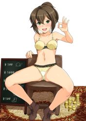 Rule 34 | 1girl, blush, bra, breasts, breasts apart, brown footwear, brown hair, carpet, coin, dress, embarrassed, feathers, green eyes, haruhisky, hat ornament, highres, money, navel, octopath traveler, octopath traveler i, ok sign, open mouth, panties, ponytail, price list, shoes, short hair, sitting, solo, spread legs, thighs, tressa (octopath traveler), underwear, yellow panties