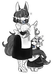 Rule 34 | 2girls, aged down, animal ears, apron, black dress, bow, child, cleaning, collared dress, dress, elbow gloves, feather hair ornament, feathers, flying sweatdrops, gem, gloves, greyscale, hair bow, hair ornament, hat, heart, high heels, highres, imageboard desourced, kikimora (monster girl encyclopedia), latenight, looking at viewer, maid, maid apron, monochrome, monster girl, monster girl encyclopedia, multiple girls, musical note, non-web source, open mouth, parted lips, pigeon-toed, proto kikimora (monster girl encyclopedia), puffy short sleeves, puffy sleeves, scales, short hair, short sleeves, simple background, smile, spoken heart, spoken musical note, spot color, standing, tail, towel, white background