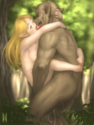 Rule 34 | 1boy, 1girl, barefoot, blonde hair, breasts, cum, elf, feet, forest, held up, hetero, hug, interspecies, kiss, leg lock, monster, nature, nude, open mouth, orc, outdoors, pig snout, pointy ears, saliva, sex, signature, small breasts, standing, suspended congress, tongue, tongue out, tree, vaginal, xiin