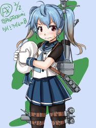 Rule 34 | 1girl, alternate hairstyle, black pantyhose, blonde hair, blue hair, blue neckerchief, blue ribbon, blue skirt, cowboy shot, dated, embarrassed, gloves, gradient hair, hat, kantai collection, long hair, looking at viewer, machinery, multicolored hair, neckerchief, pantyhose, pleated skirt, red eyes, ribbon, sado (kancolle), sailor hat, school uniform, serafuku, shirt, skirt, sleeveless, sleeveless shirt, solo, standing, tatsumi ray, twintails, twintails day, twitter username, white gloves