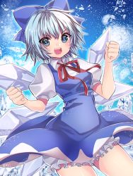 Rule 34 | &gt;:d, + +, 1girl, 8931ponzu, :d, bloomers, blue bow, blue dress, blue eyes, blue hair, blush, bow, breasts, cirno, clenched hands, cowboy shot, dress, hair bow, ice, ice wings, matching hair/eyes, neck ribbon, open mouth, puffy short sleeves, puffy sleeves, red ribbon, ribbon, short hair, short sleeves, small breasts, smile, solo, teeth, touhou, underwear, v-shaped eyebrows, wings