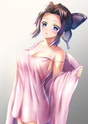 Rule 34 | 1girl, bare shoulders, black hair, breasts, butterfly hair ornament, cleavage, collarbone, commentary request, dress, forehead, gradient background, gradient hair, grey background, hair ornament, highres, kimetsu no yaiba, kochou shinobu, looking at viewer, medium breasts, multicolored hair, parted bangs, parted lips, pink dress, purple eyes, purple hair, sleeveless, sleeveless dress, solo, strap slip, toshi (1-147), towel