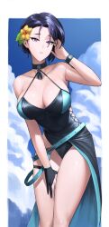 Rule 34 | 1girl, absurdres, bare arms, bare shoulders, belt, black one-piece swimsuit, blue belt, blue hair, blue one-piece swimsuit, blue sky, breasts, casual one-piece swimsuit, cleavage, cloud, commentary, day, english commentary, fire emblem, fire emblem: three houses, fire emblem heroes, flower, hair flower, hair ornament, highres, large breasts, looking at viewer, nintendo, official alternate costume, one-piece swimsuit, parted lips, purple eyes, shamir nevrand, shamir nevrand (summer), short hair, shou illust, sky, solo, standing, swimsuit, thighs, yellow flower